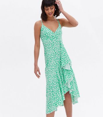 Green Floral Strappy Asymmetric Midi Wrap Dress | New Look